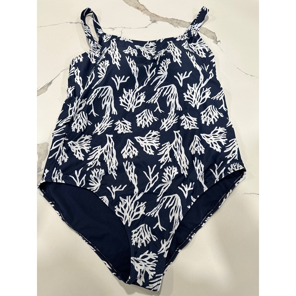 Kensie One Piece Swimsuit Coral Print Classic Coverage Navy White 1X
